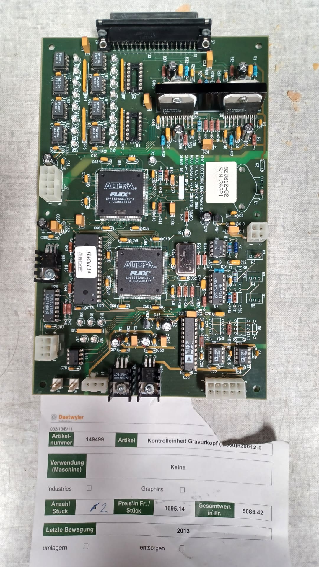 Gravostar Ohio Card Art. 149499 Engraving head control D520012-02 (Daetwyler N° 149499) — original Daetwyler spare part