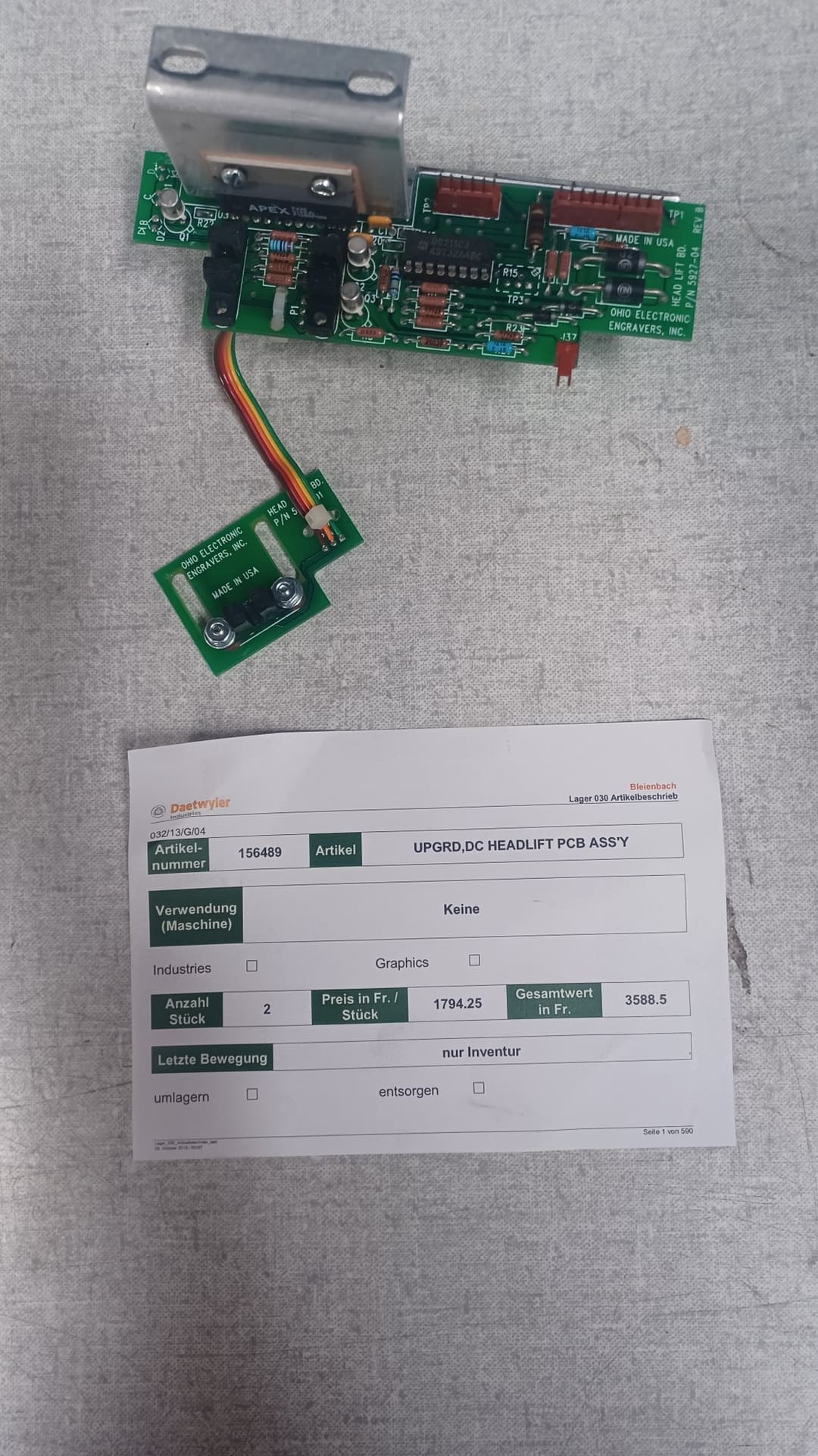 Ohio Art. 156489 Upgrd, DC Headlift PCB Assy (Daetwyler N° 156489) — original Daetwyler spare part