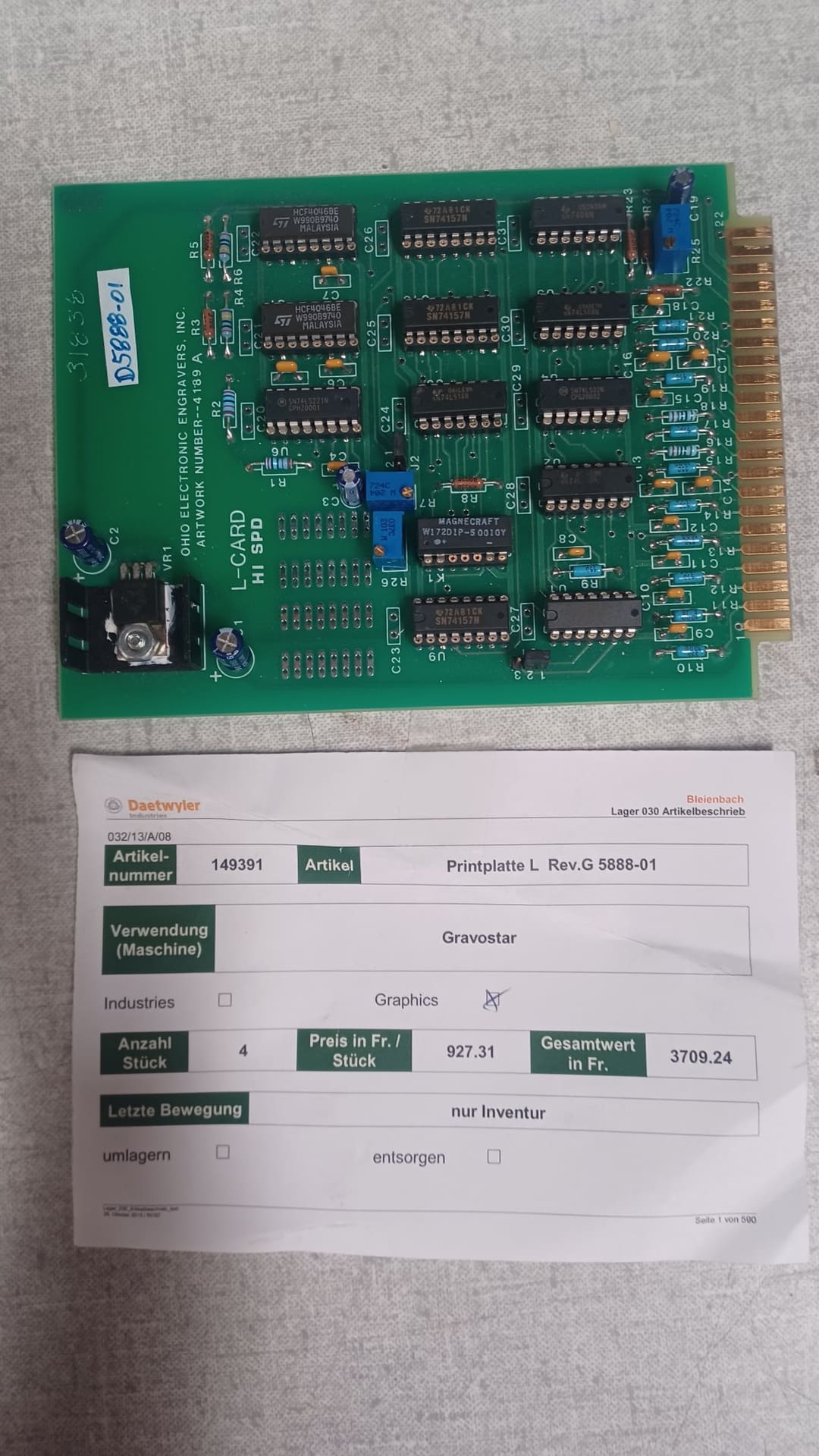 Ohio Gravostar Art. 149391 L Rev. G 5888-01 (Daetwyler N° 149391) — original Daetwyler spare part